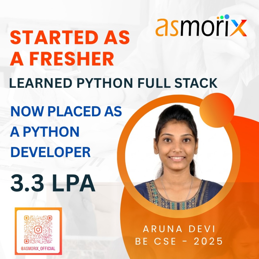 Aruna Devi placed as Python Developer at 3.3 LPA after Python Full Stack course at Asmorix Pondicherry