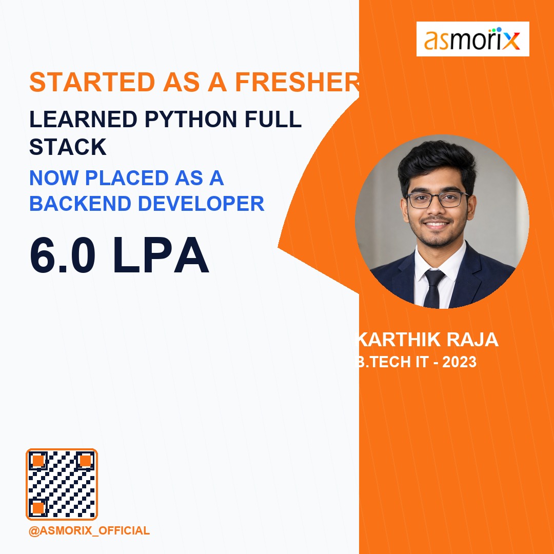 Karthik Raja placed as Backend Developer at 6.0 LPA after Python Full Stack at Asmorix
