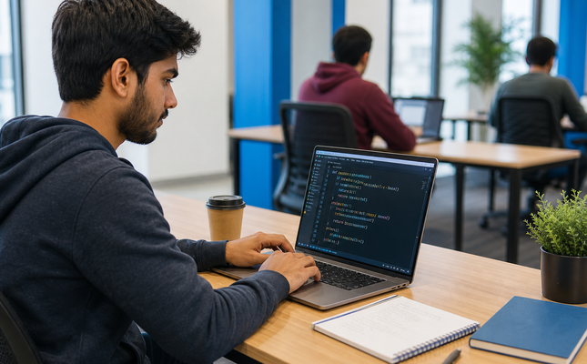 Full Stack Developer training student coding on laptop
