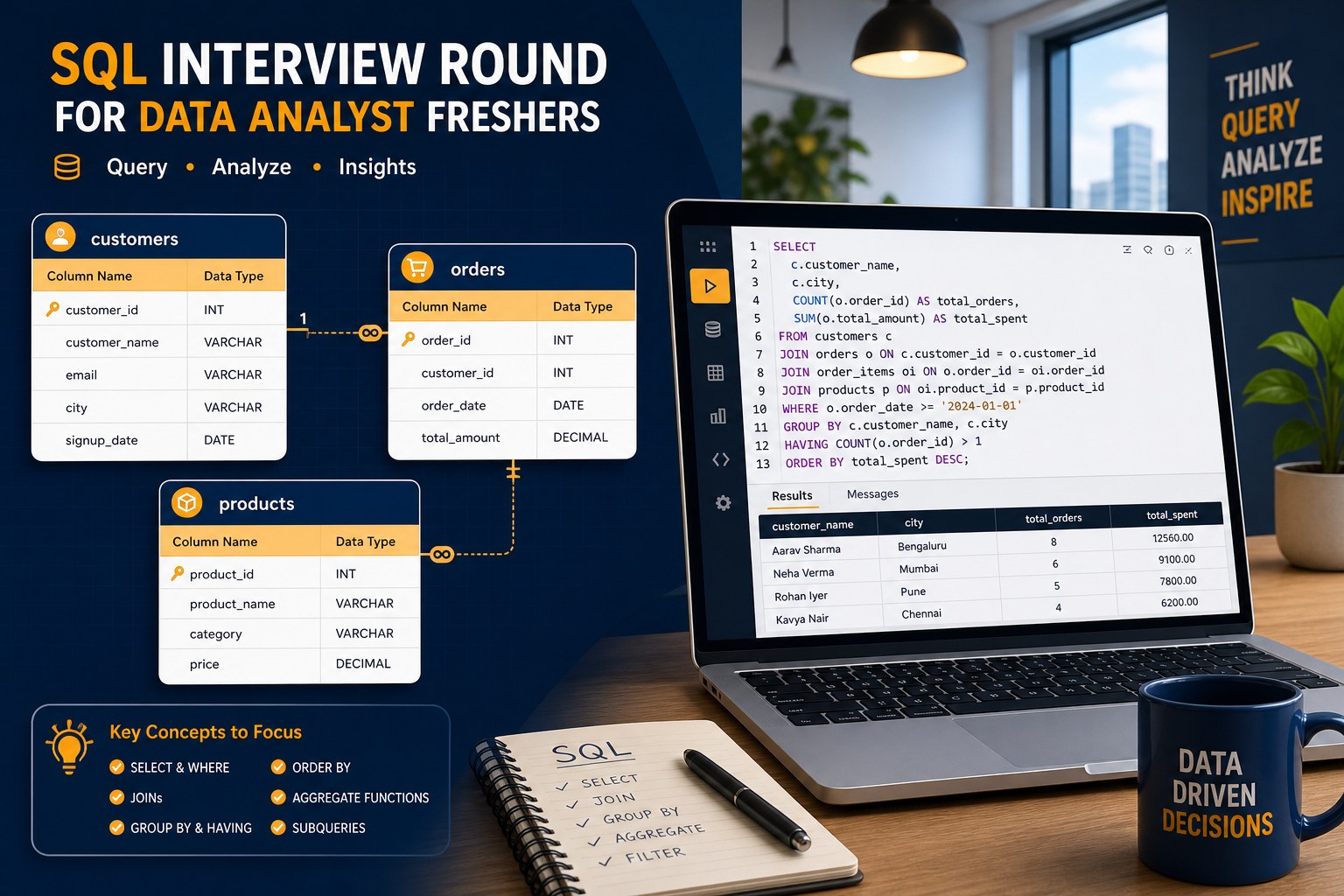 SQL interview preparation for data analyst freshers — database queries and JOINs